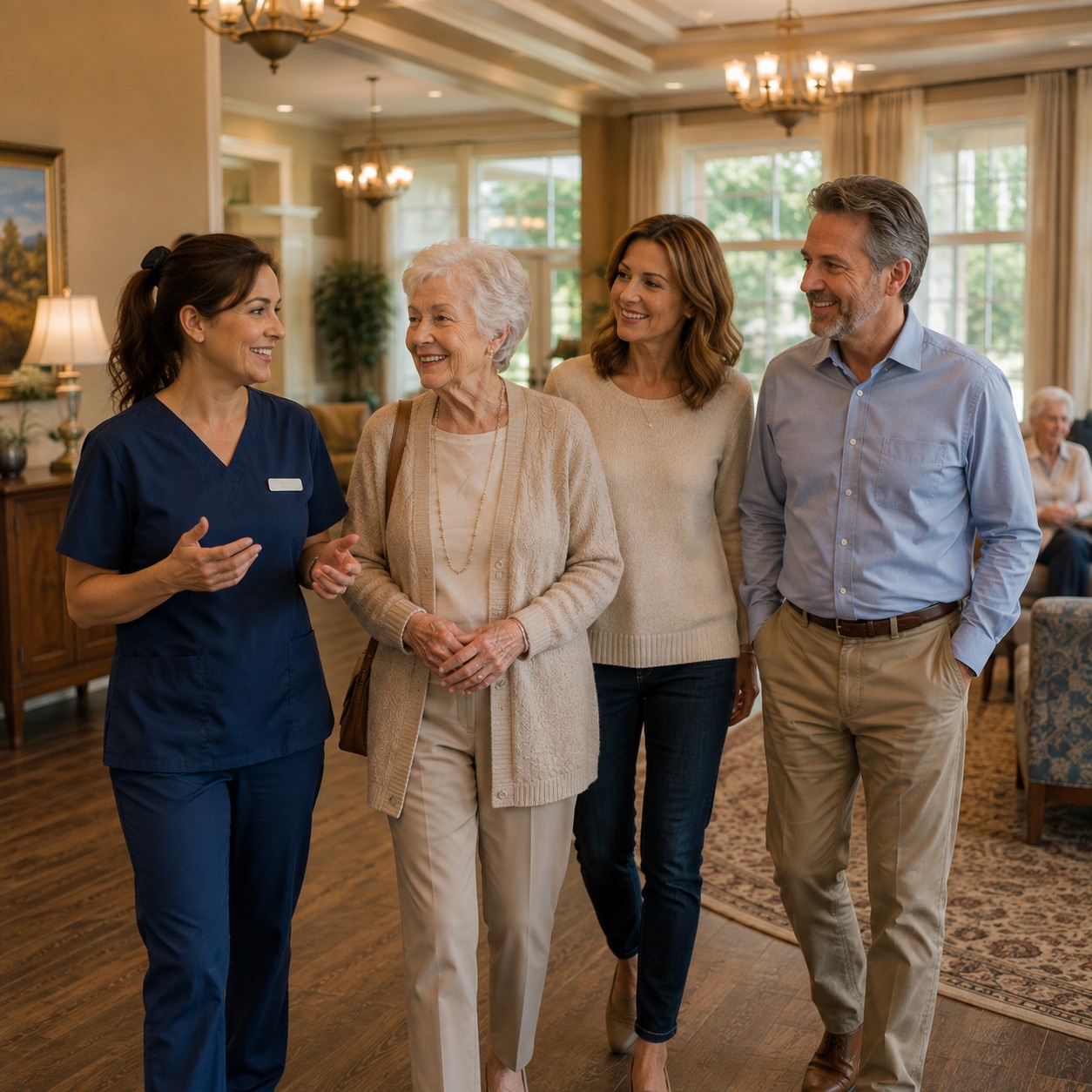 A family being shown around the community by a member of staff