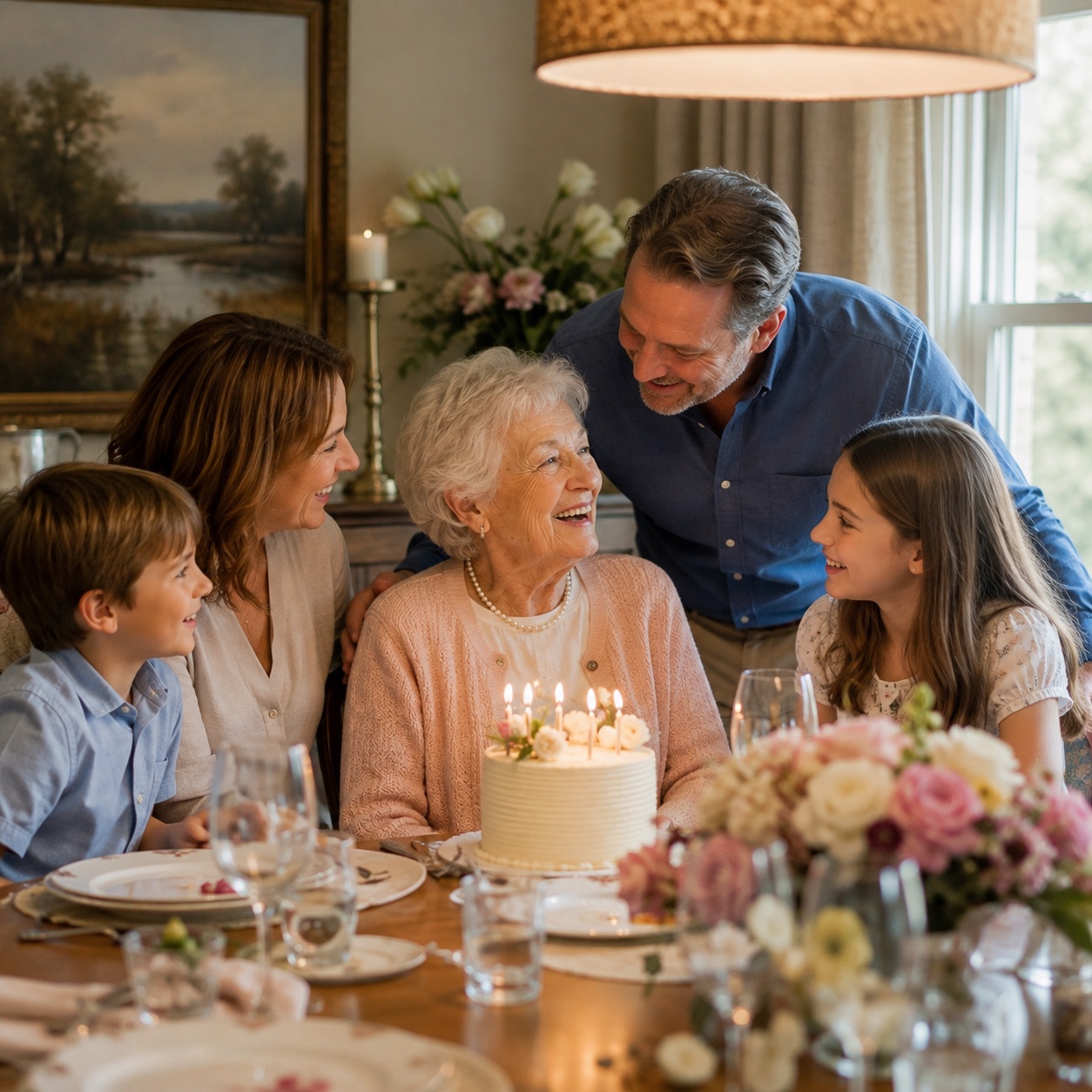 A resident blowing out candles on a birthday cake, surrounded by her family