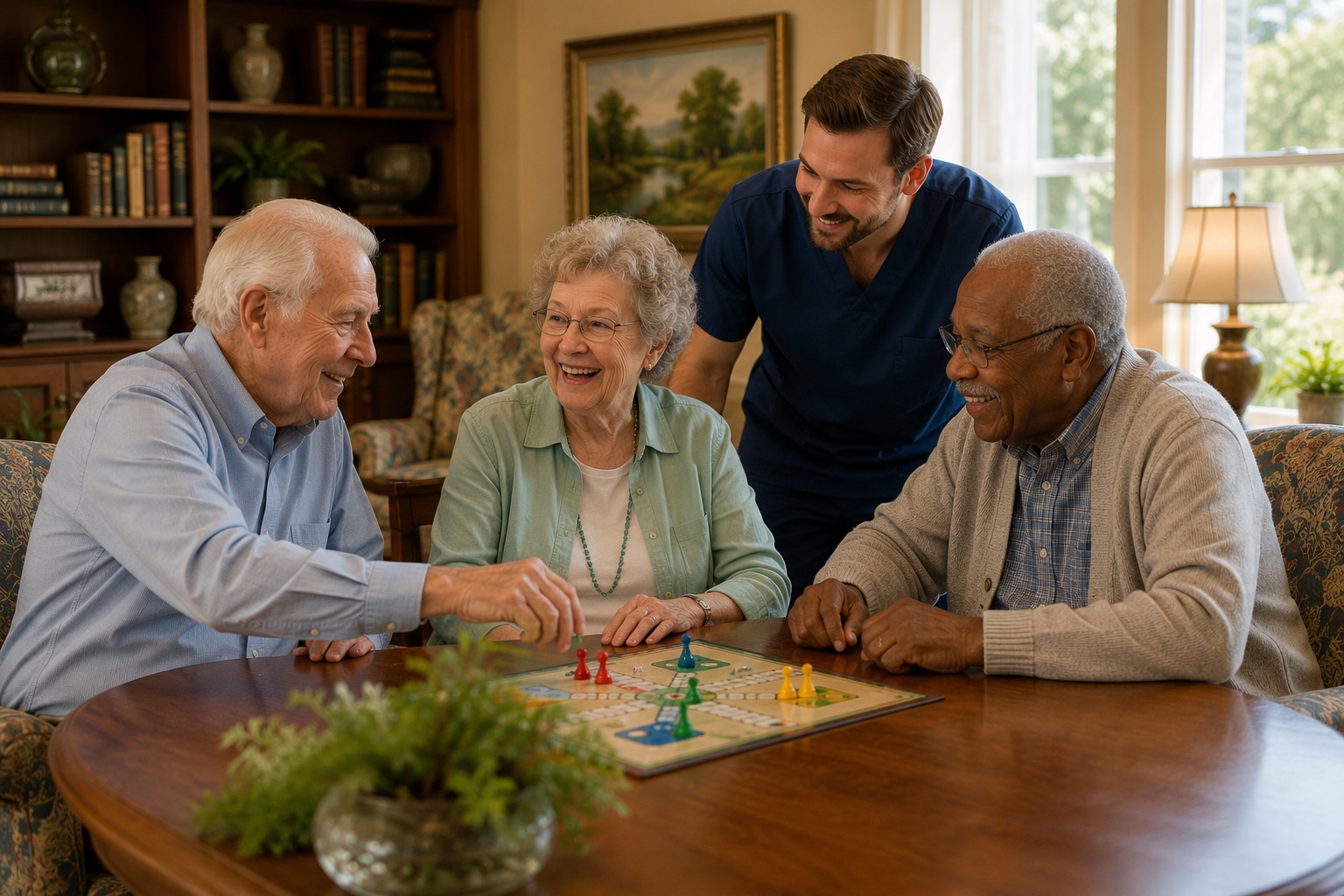 Residents over a board game with a member of staff alongside