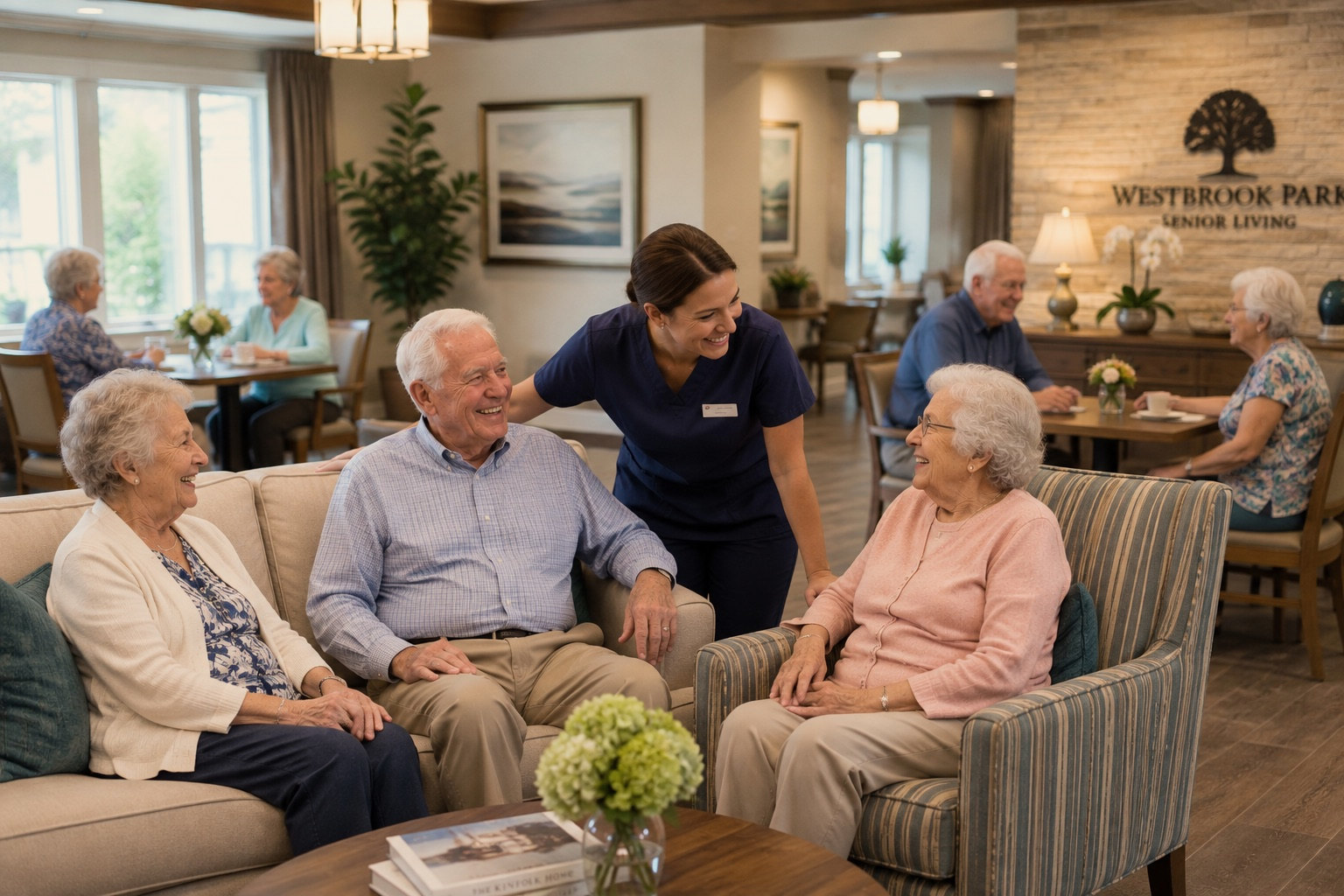 Residents and a member of the care team talking together in the lounge at Westbrook Park