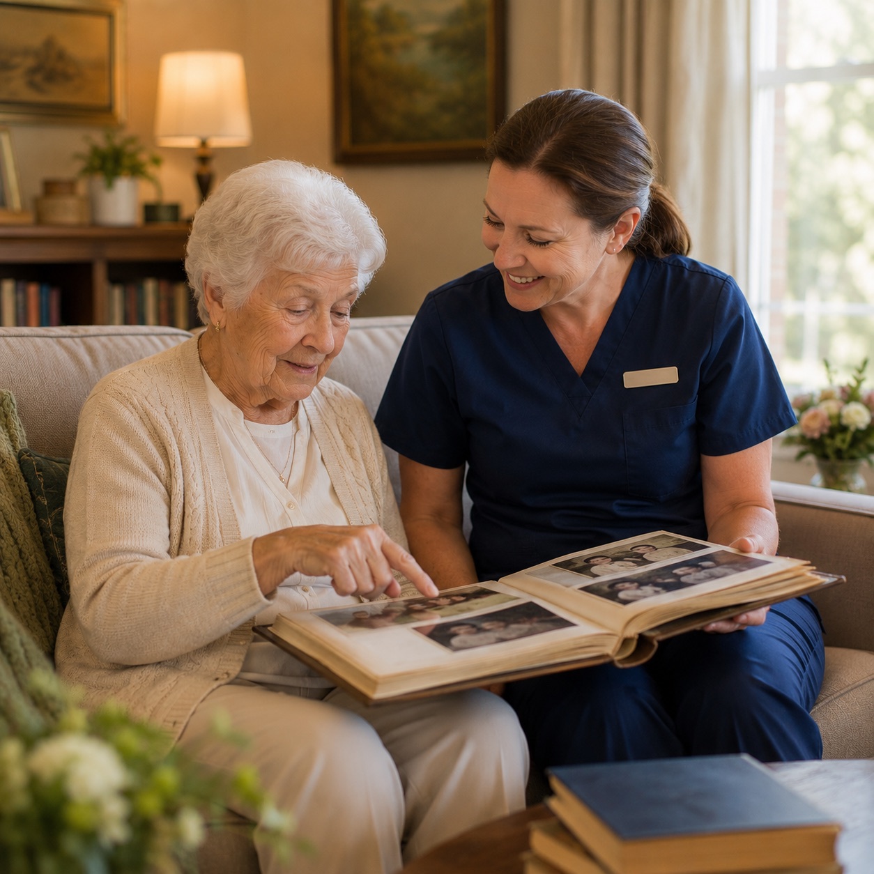 A resident going through a photograph album with a member of staff