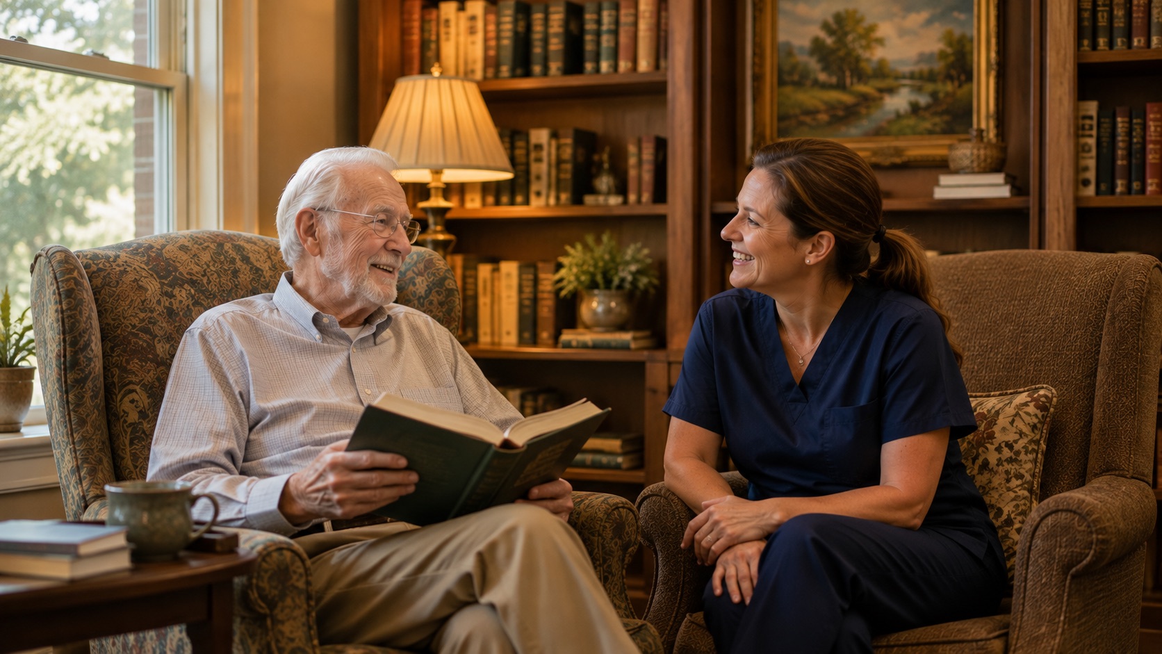 A resident reading with a member of staff sitting alongside