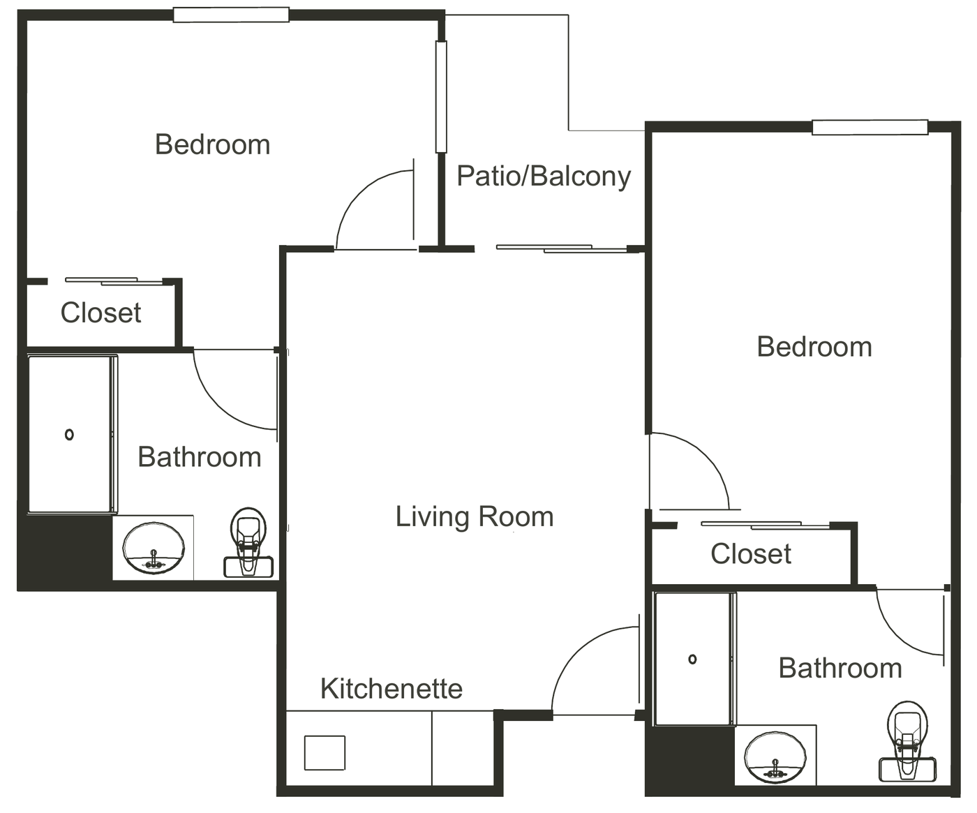 Floor plan of the Two Bedroom, bedrooms at opposite corners